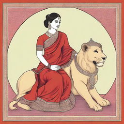 A 35-year-old woman wearing a sari around her waist, with a red blouse that accentuates her chest, sitting on a lion