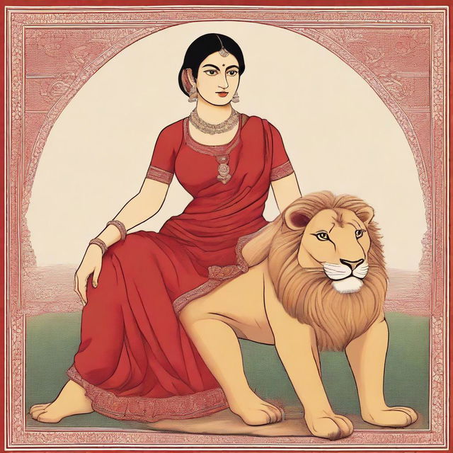 A 35-year-old woman wearing a sari around her waist, with a red blouse that accentuates her chest, sitting on a lion