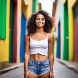 A Brazilian girl standing up, wearing casual summer clothes