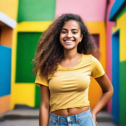 A Brazilian girl standing up, wearing casual summer clothes