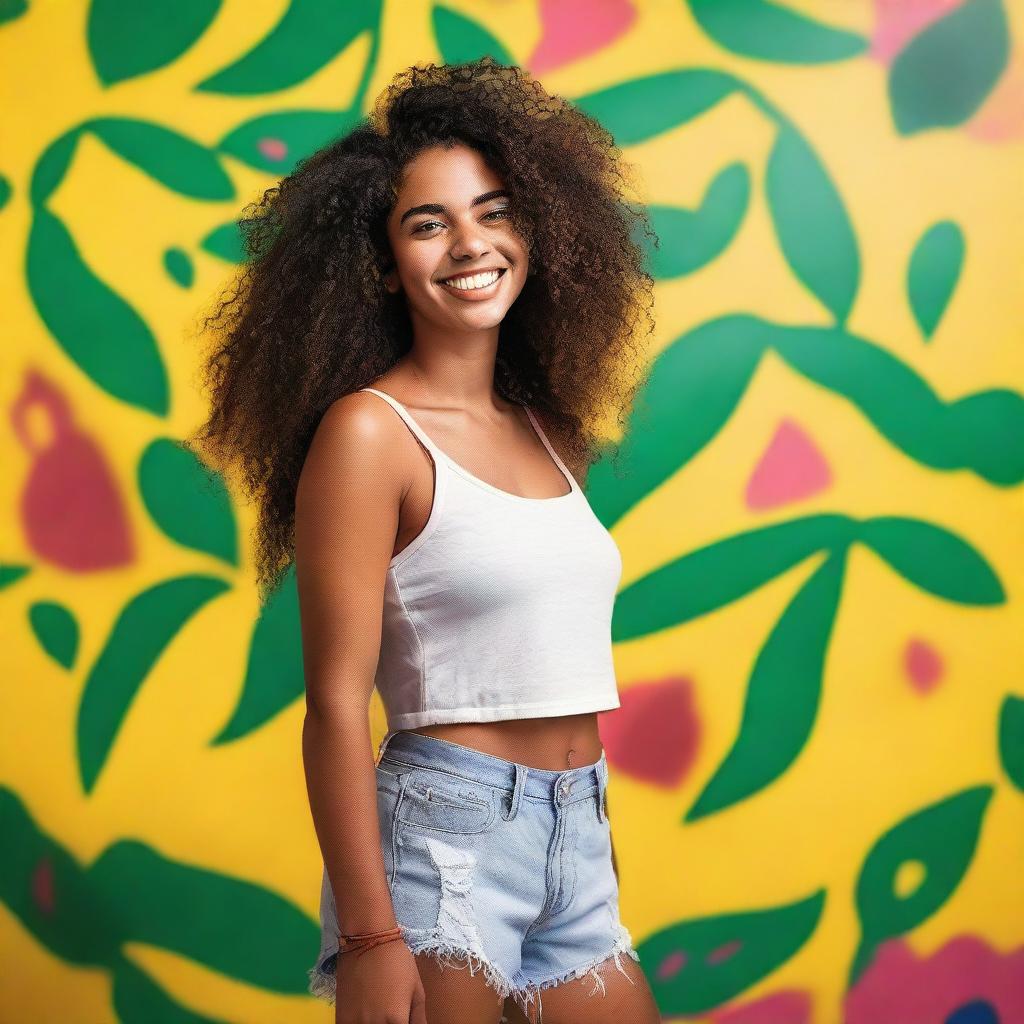 A Brazilian girl standing up, wearing casual summer clothes