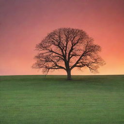 A serene sunrise over a beautiful green landscape with a lone, tall tree in the foreground and a crimson and orange sky.