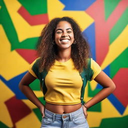 A Brazilian girl standing up, wearing casual summer clothes