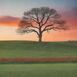 A serene sunrise over a beautiful green landscape with a lone, tall tree in the foreground and a crimson and orange sky.