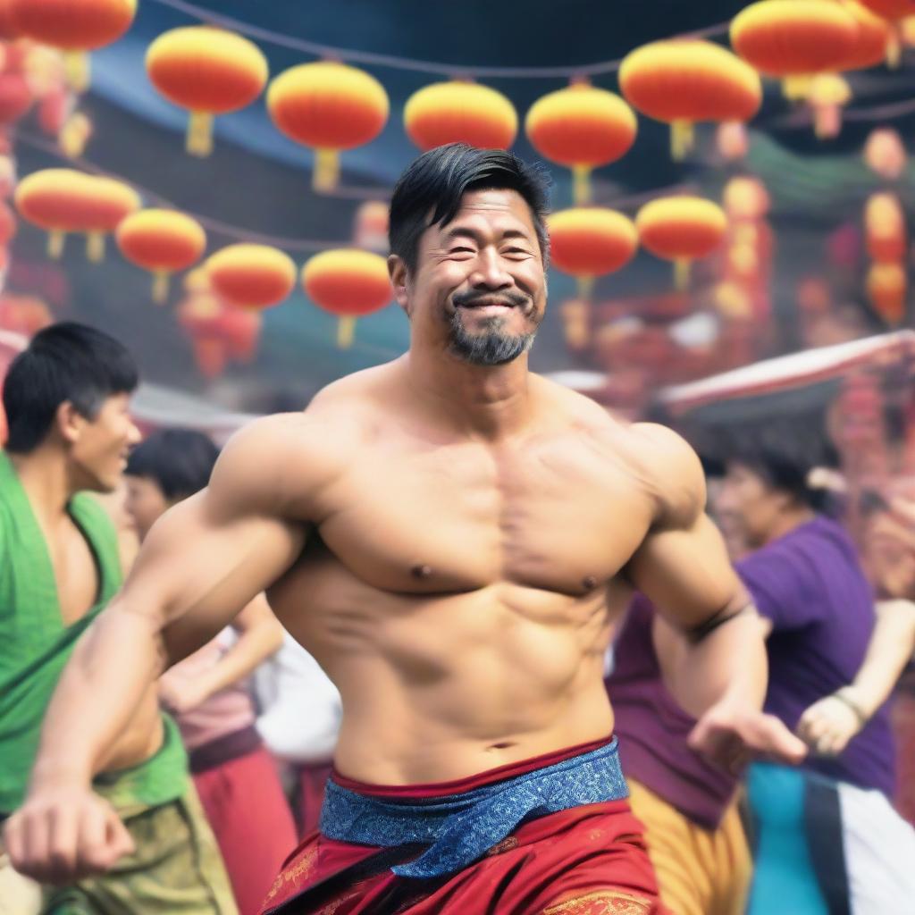 A strong Japanese man with short hair, a beard, and a smile on his face