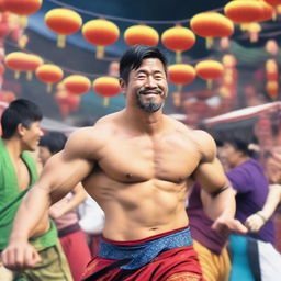 A strong Japanese man with short hair, a beard, and a smile on his face
