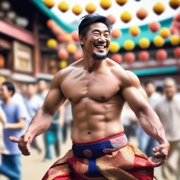A strong Japanese man with short hair, a beard, and a smile on his face