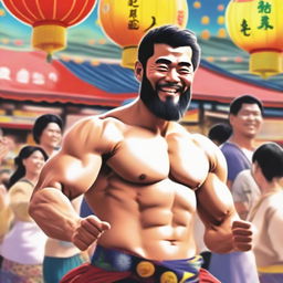 A strong Japanese man with short hair, a beard, and a smile on his face