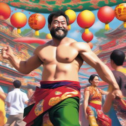 A strong Japanese man with short hair, a beard, and a smile on his face
