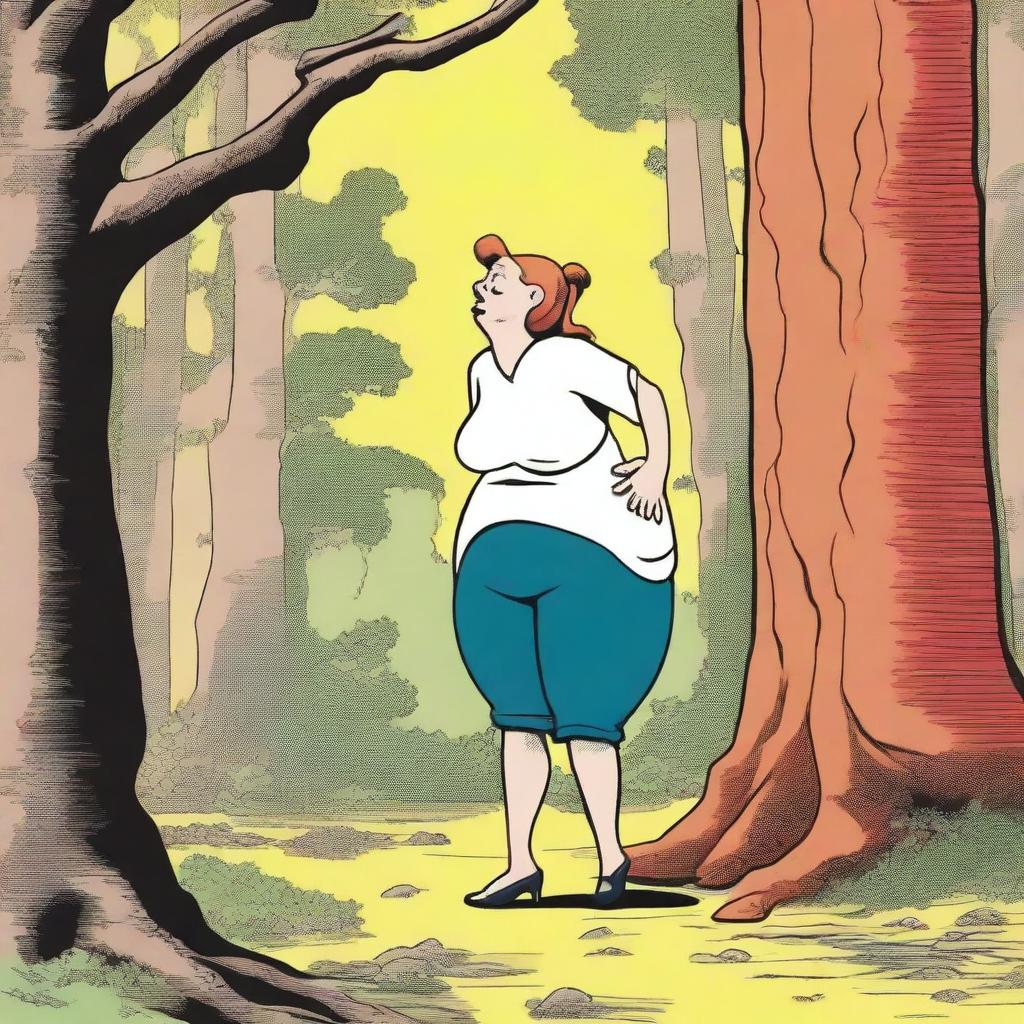 A woman standing in the woods with exaggerated proportions, letting out a large, cartoonish fart