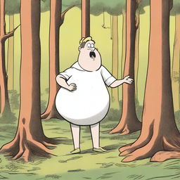 A woman standing in the woods with exaggerated proportions, letting out a large, cartoonish fart