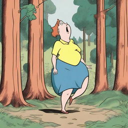 A woman standing in the woods with exaggerated proportions, letting out a large, cartoonish fart