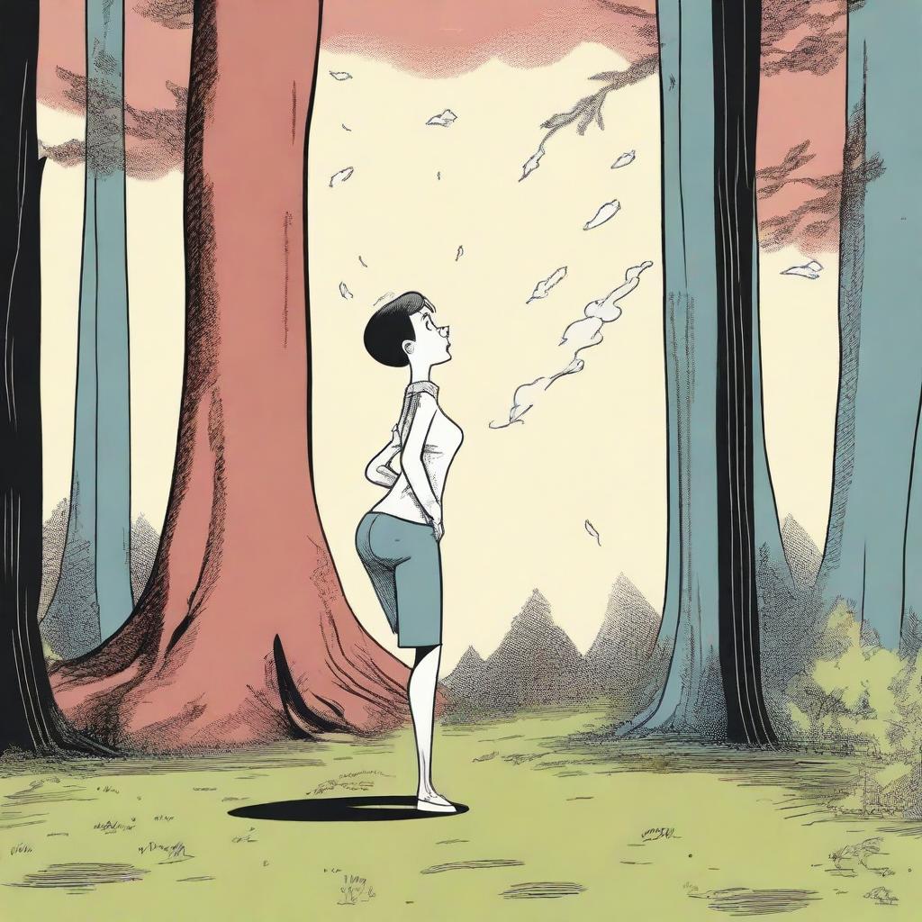 A woman standing in the woods with exaggerated proportions, letting out a large, cartoonish fart