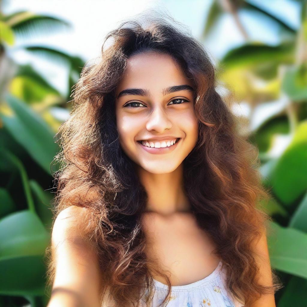 A selfie of an 18-year-old Brazilian girl with a cheerful expression