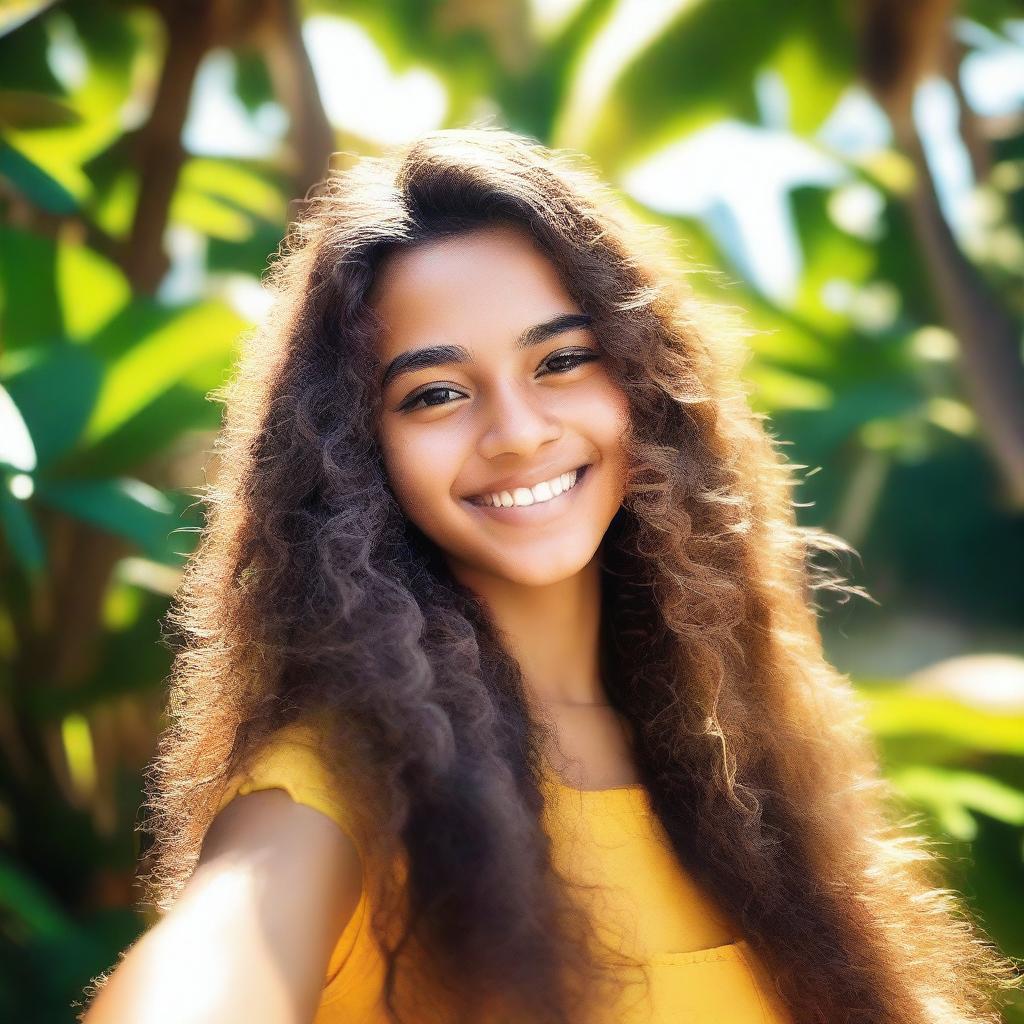 A selfie of an 18-year-old Brazilian girl with a cheerful expression