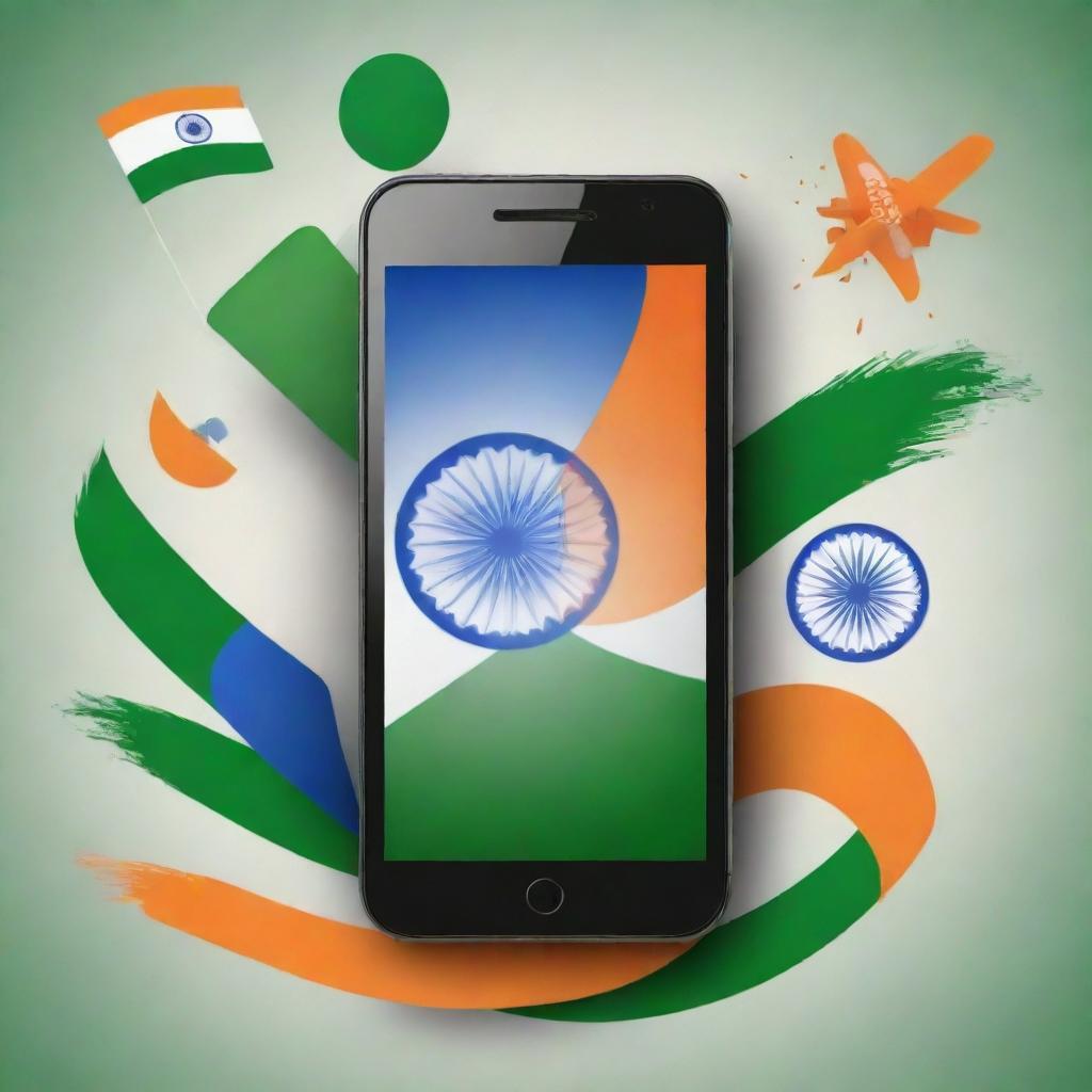 A vivid poster illustrating India's Independence Day celebration, featuring symbolic tricolor elements, a smartphone on the foreground symbolizing a mobile shop, and an inspiring Independence Day wish written in a lively font.