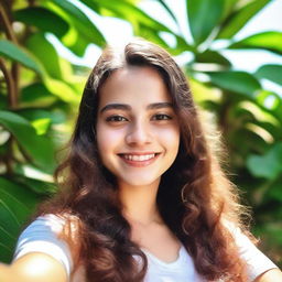 A selfie of an 18-year-old Brazilian girl with white skin and a cheerful expression