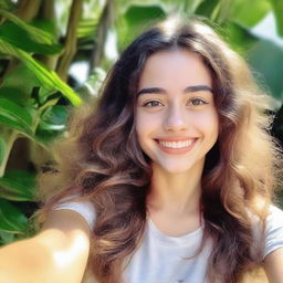 A selfie of an 18-year-old Brazilian girl with white skin and a cheerful expression