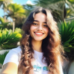 A selfie of an 18-year-old Brazilian girl with white skin and a cheerful expression