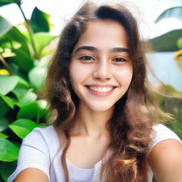 A selfie of an 18-year-old Brazilian girl with white skin and a cheerful expression