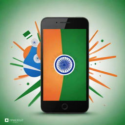 A vivid poster illustrating India's Independence Day celebration, featuring symbolic tricolor elements, a smartphone on the foreground symbolizing a mobile shop, and an inspiring Independence Day wish written in a lively font.