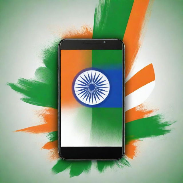 A vivid poster illustrating India's Independence Day celebration, featuring symbolic tricolor elements, a smartphone on the foreground symbolizing a mobile shop, and an inspiring Independence Day wish written in a lively font.