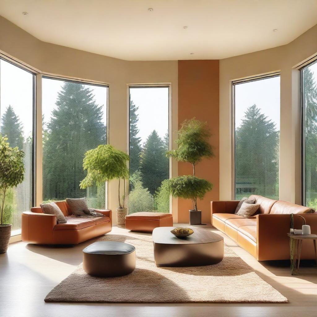 A contemporary design of a living room featuring panoramic windows that let in ample sunlight