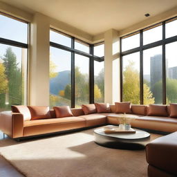 A contemporary design of a living room featuring panoramic windows that let in ample sunlight