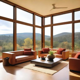 A contemporary design of a living room featuring panoramic windows that let in ample sunlight