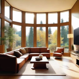 A contemporary design of a living room featuring panoramic windows that let in ample sunlight