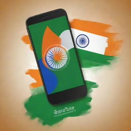 A vivid poster illustrating India's Independence Day celebration, featuring symbolic tricolor elements, a smartphone on the foreground symbolizing a mobile shop, and an inspiring Independence Day wish written in a lively font.