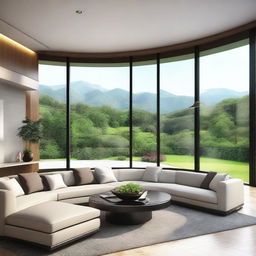 A photorealistic contemporary design of a luxurious living room with panoramic windows