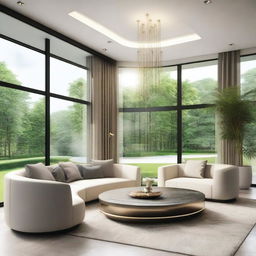 A photorealistic contemporary design of a luxurious living room with panoramic windows