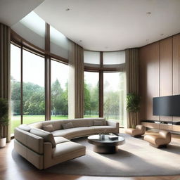 A photorealistic contemporary design of a luxurious living room with panoramic windows