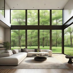 A photorealistic contemporary design of a luxurious living room with panoramic windows