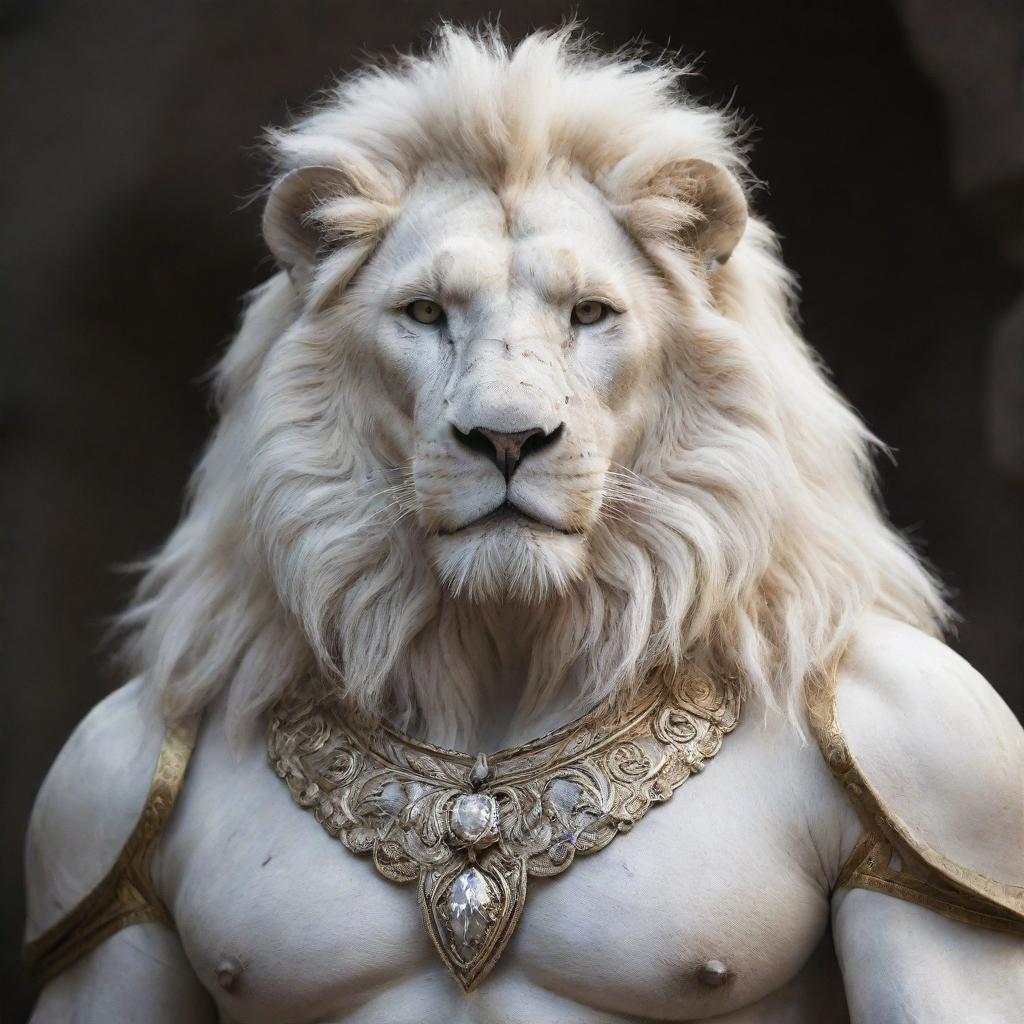 Fantasy image of a humanoid white lion: a noble creature with the muscled body of a human, adorned with a mane and facial features of a white lion. Affable yet fierce.