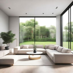 A photorealistic contemporary design of a luxurious and minimalistic living room with panoramic windows