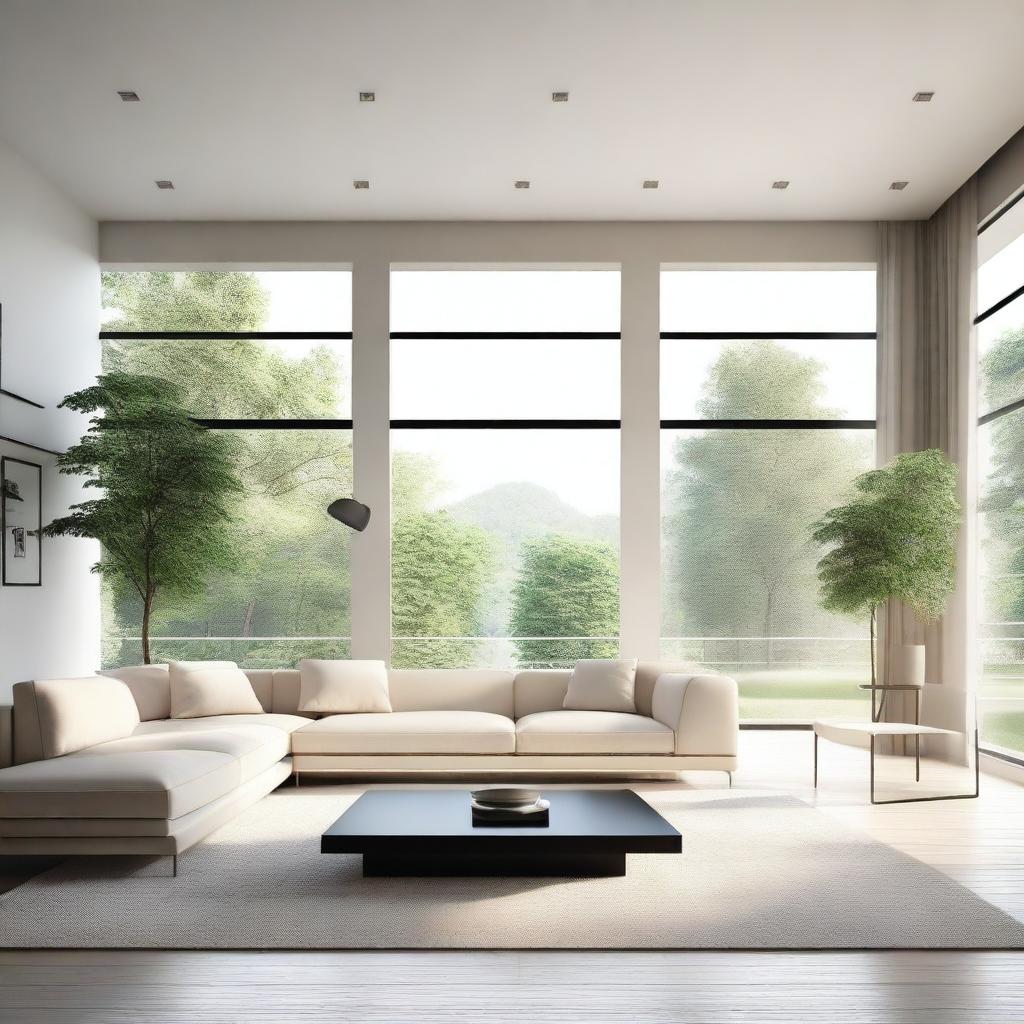 A photorealistic contemporary design of a luxurious and minimalistic living room with panoramic windows