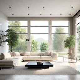 A photorealistic contemporary design of a luxurious and minimalistic living room with panoramic windows