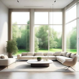 A photorealistic contemporary design of a luxurious and minimalistic living room with panoramic windows