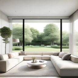 A photorealistic contemporary design of a luxurious and minimalistic living room with panoramic windows