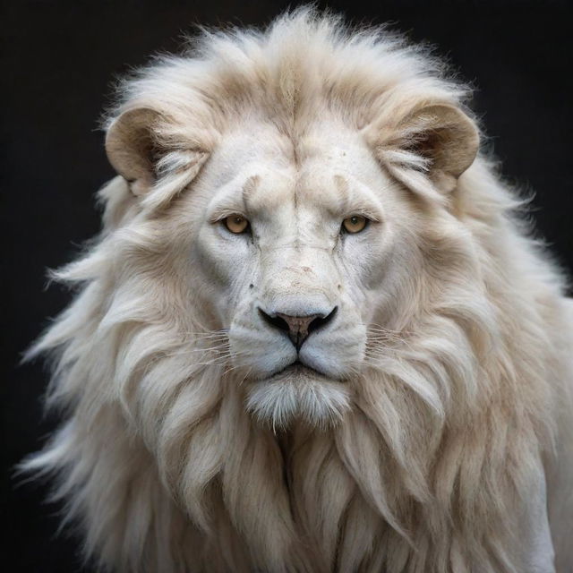 Fantasy image of a humanoid white lion: a noble creature with the muscled body of a human, adorned with a mane and facial features of a white lion. Affable yet fierce.