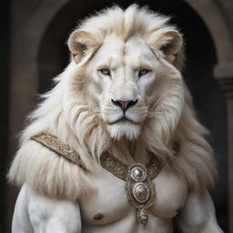 Fantasy image of a humanoid white lion: a noble creature with the muscled body of a human, adorned with a mane and facial features of a white lion. Affable yet fierce.