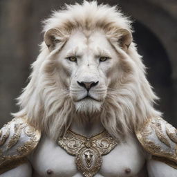 Fantasy image of a humanoid white lion: a noble creature with the muscled body of a human, adorned with a mane and facial features of a white lion. Affable yet fierce.