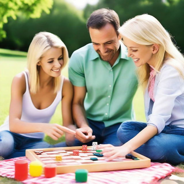 Create an image of a 30-year-old blonde woman with her 42-year-old husband having fun with an 18-year-old girl