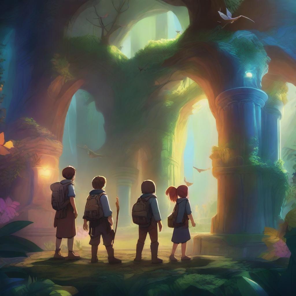 A group of adventurers exploring a mystical enchanted forest filled with magical creatures, glowing plants, and ancient ruins