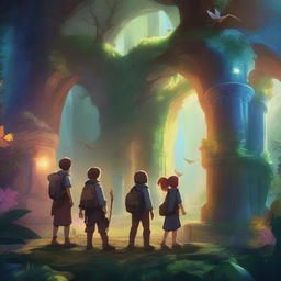 A group of adventurers exploring a mystical enchanted forest filled with magical creatures, glowing plants, and ancient ruins