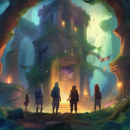 A group of adventurers exploring a mystical enchanted forest filled with magical creatures, glowing plants, and ancient ruins