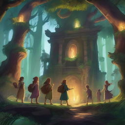 A group of adventurers exploring a mystical enchanted forest filled with magical creatures, glowing plants, and ancient ruins