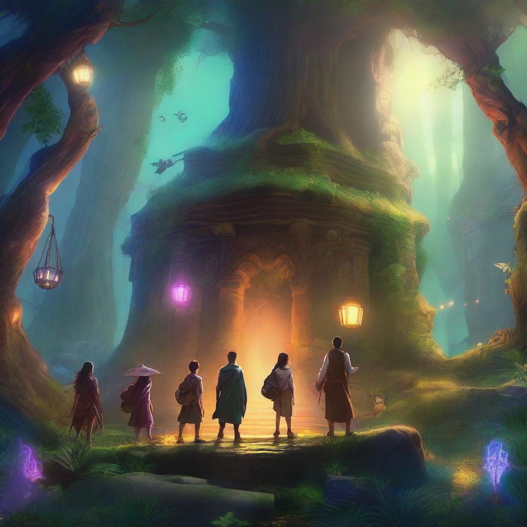 A group of adventurers exploring a mystical enchanted forest filled with magical creatures, glowing plants, and ancient ruins